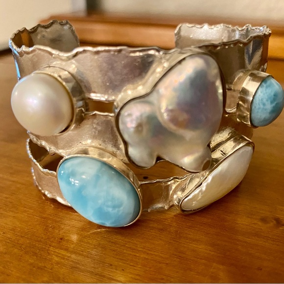 Sterling Silver Larimar & Pearl Cuff Bracelet - Picture 2 of 9